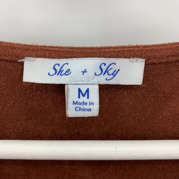 She + Sky Size M Dress Faux Suede Button Front Brown V-Neck Flutter Sleeve Boho - Picture 2 of 8